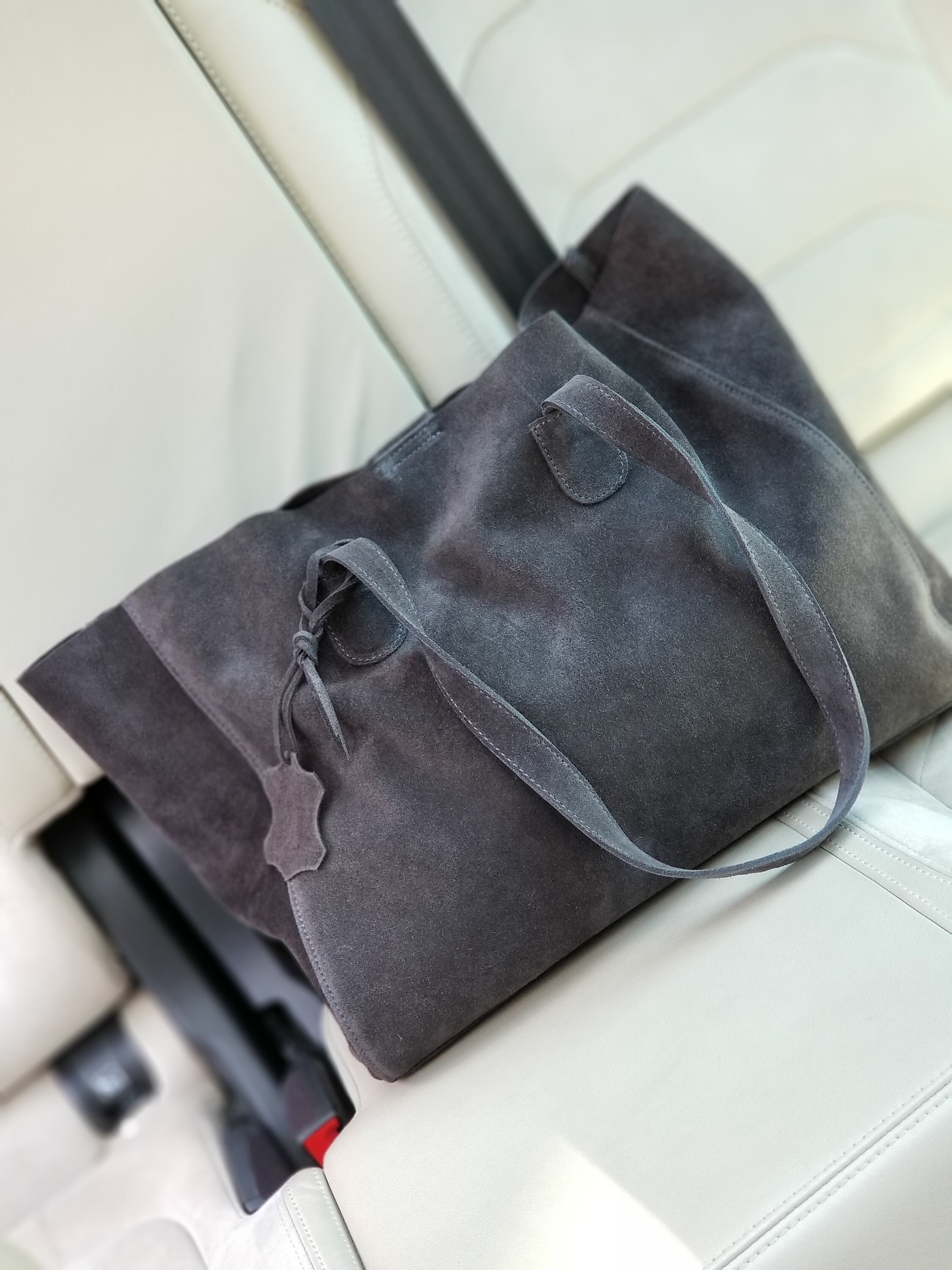 Dark Grey Suede Tote Bag, Genuine Suede Tote, Handmade Dark Grey Suede Tote Bag, Genuine Suede Tote, Handmade