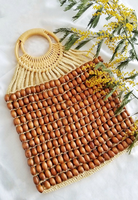 Handmade Wooden Bead Bag: Macrame Knit Vintage Handbag - Etsy display picture 3