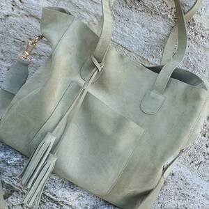 Handmade Green Suede Tote Bag: Leather Shoulder Purse with Tassel image 5