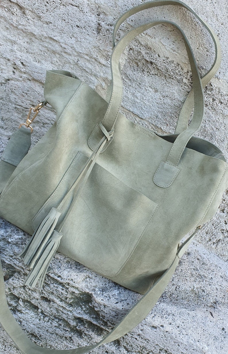 Handmade Green Suede Tote Bag: Leather Shoulder Purse with Tassel image 5