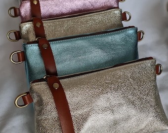 Gold Metallic Leather Crossbody Bag, Everyday Bag, Platinum Leather Purse, Gift for Women, Leather Wallet, Platinum Metallic Leather Handbag