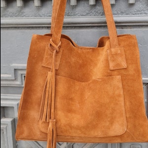 Tan Suede Tote Bag, Suede Shoulder Bag, Suede Shopping Bag, Ginger ...