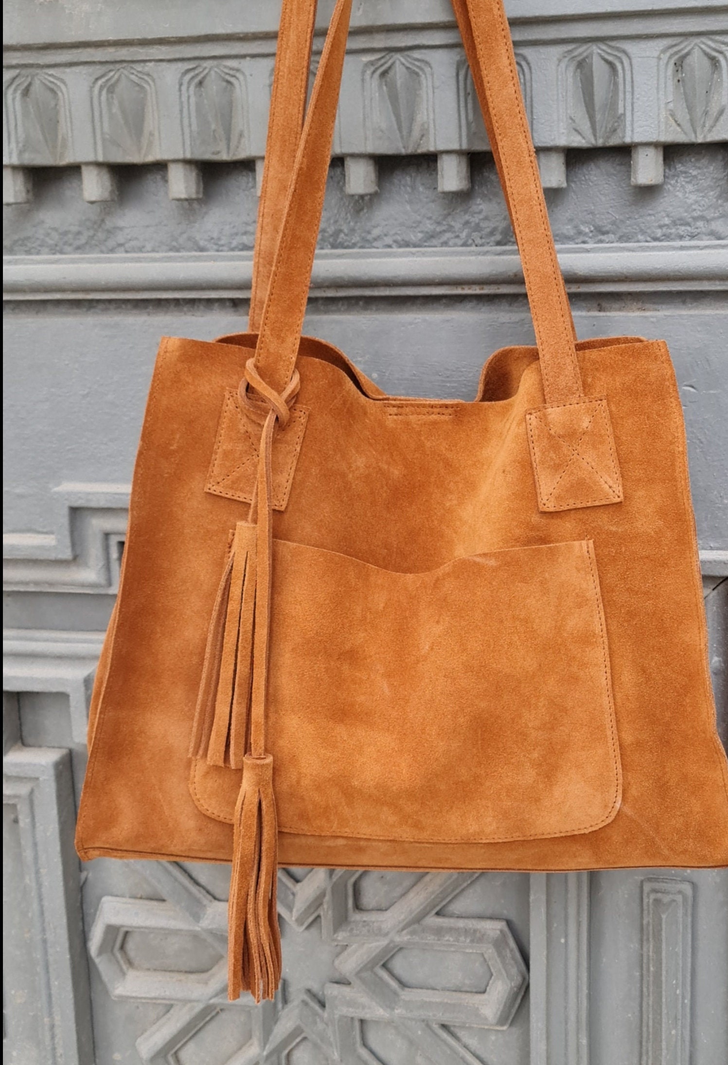 Tan Suede Tote Bag, Suede Shoulder Bag, Suede Shopping Bag, Ginger ...