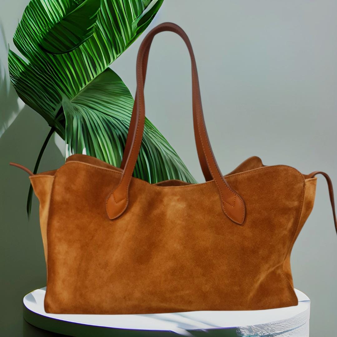 Tan Suede Tote Bag, Cognac Suede Shoulder Bag, Suede Mom Bag