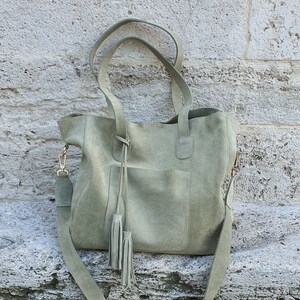 Handmade Green Suede Tote Bag: Leather Shoulder Purse with Tassel image 4