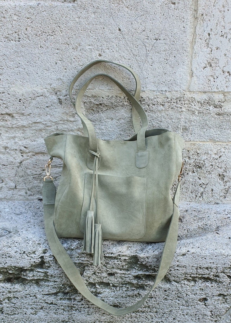 Handmade Green Suede Tote Bag: Leather Shoulder Purse with Tassel image 4