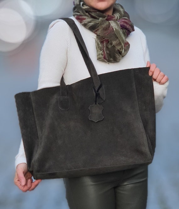 Khaki Suede Tote Bag, Shopper Bag Gift for Women, Shoulder Bag, Genuine  Leather Tote - Etsy