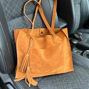 Tan Suede Tote Bag, Suede Shoulder Bag, Suede Shopping Bag, Ginger ...