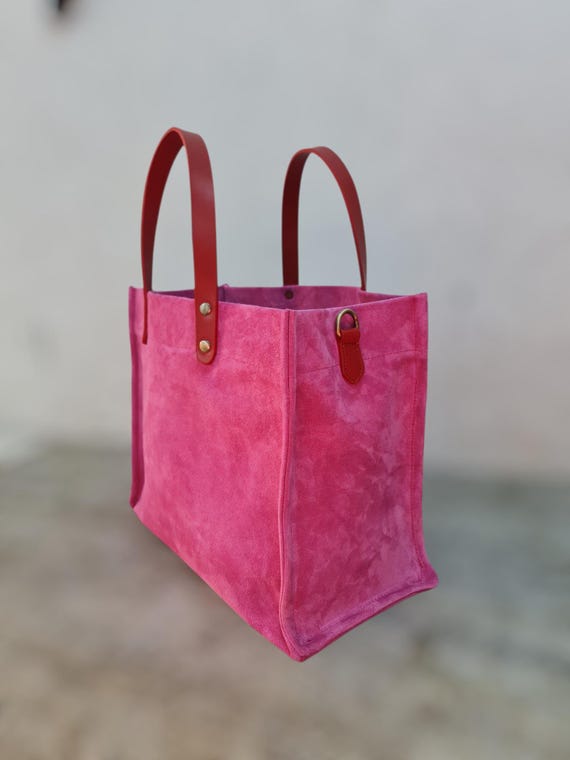 Fuchsia Pink Suede Tote Bag: Red Leather Handles, Zipper Closure