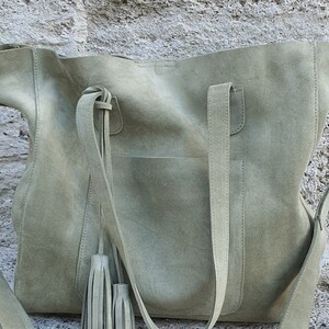 Handmade Green Suede Tote Bag: Leather Shoulder Purse with Tassel image 8