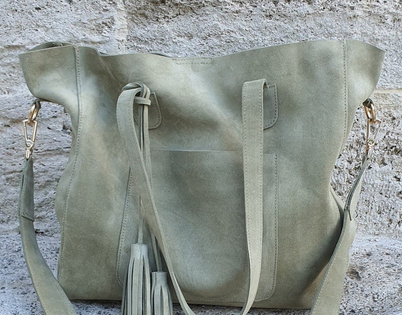 Handmade Green Suede Tote Bag: Leather Shoulder Purse with Tassel image 8