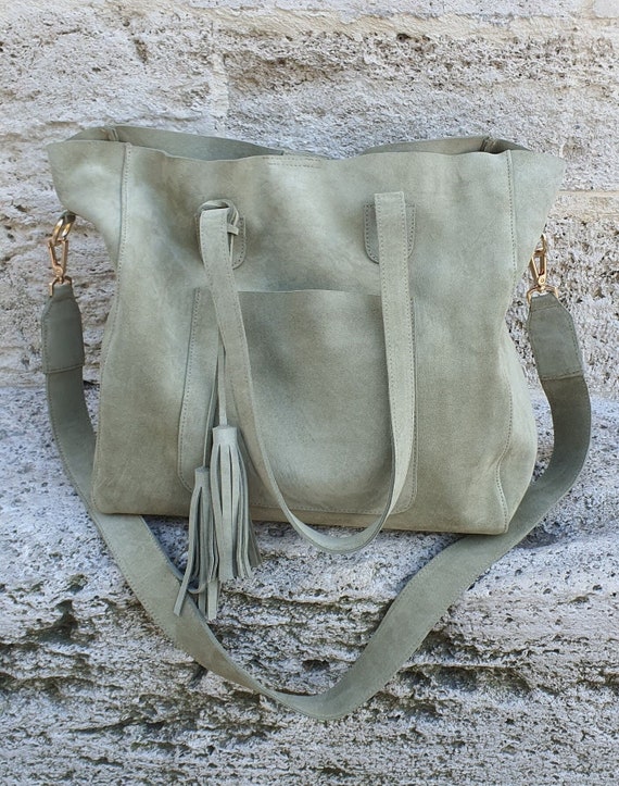 Handmade Green Suede Tote Bag: Leather Shoulder Purse with Tassel
