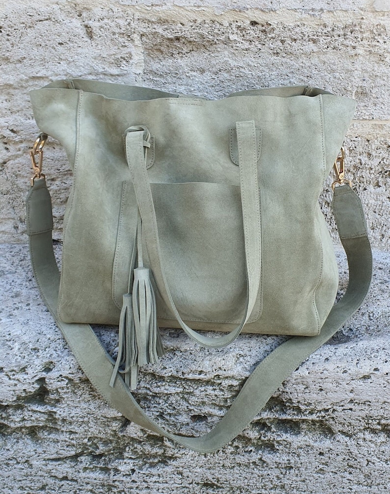 Handmade Green Suede Tote Bag: Leather Shoulder Purse with Tassel image 1