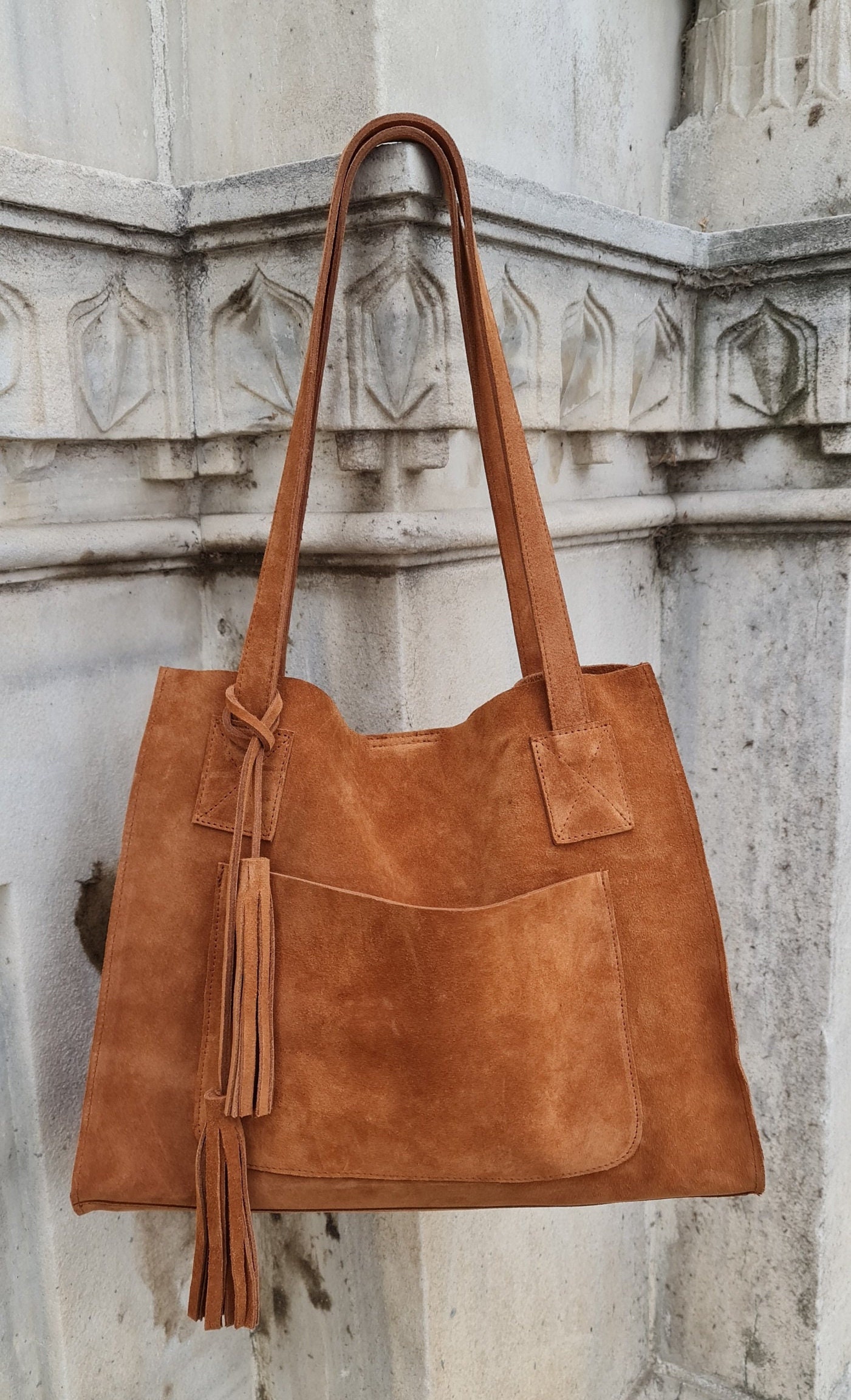 Tan Leather Shopper Bag in Genuine Suede. Slouchy Tan Color - Etsy