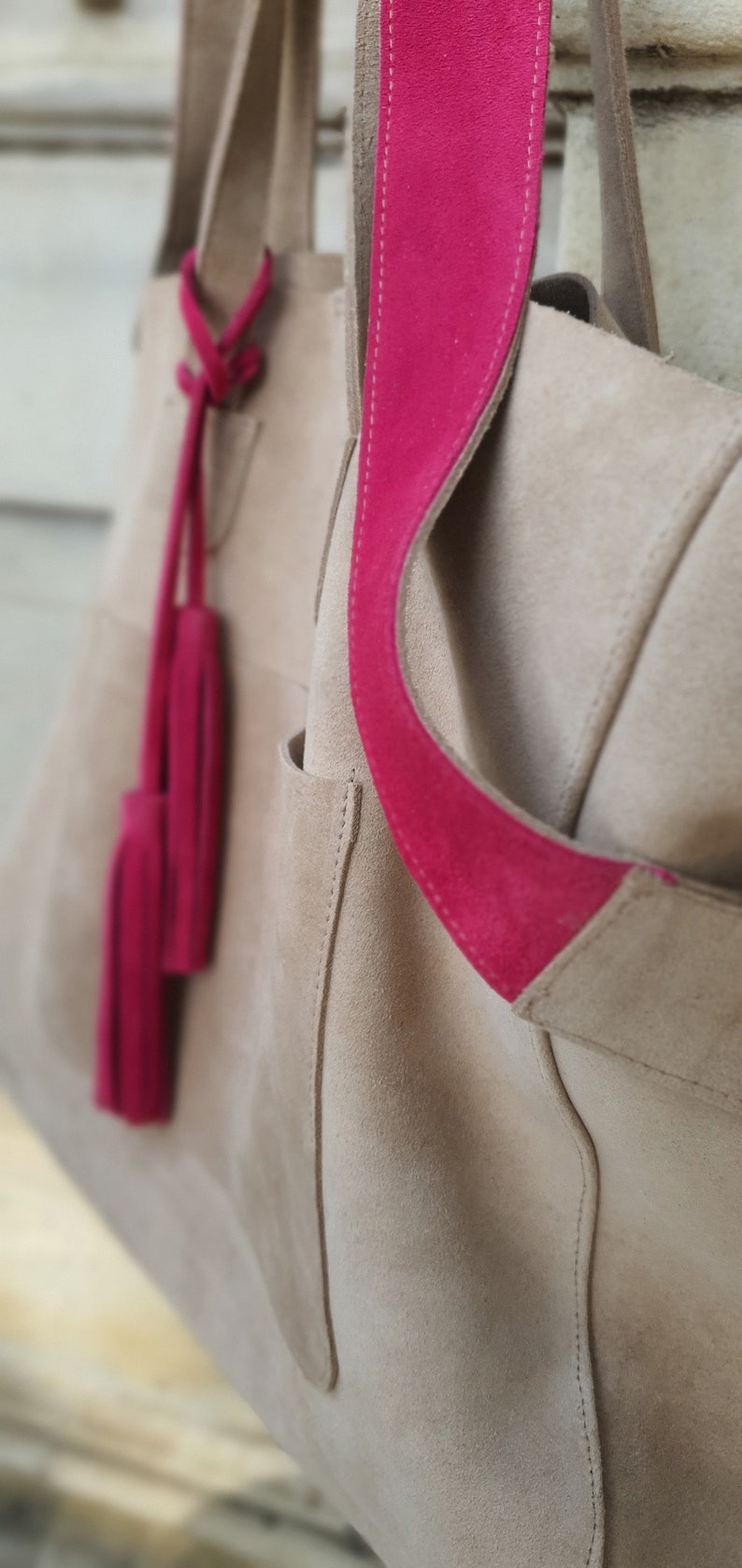 Suede Tote Bag, Beige Suede Shoulder Bag, Fuchsia Suede Bag, Everyday Satchel , Genuine Leather Casual Tote Bag, Tasseled Shopping Bag, image 10