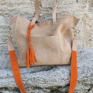 Suede Tote Bag, Beige Suede Purse, Orange Suede Tote Bag, Beige Shoulder Bag, Suede Tassel Shopping Bag, Personalized Gift, Real Suede Tote image 2