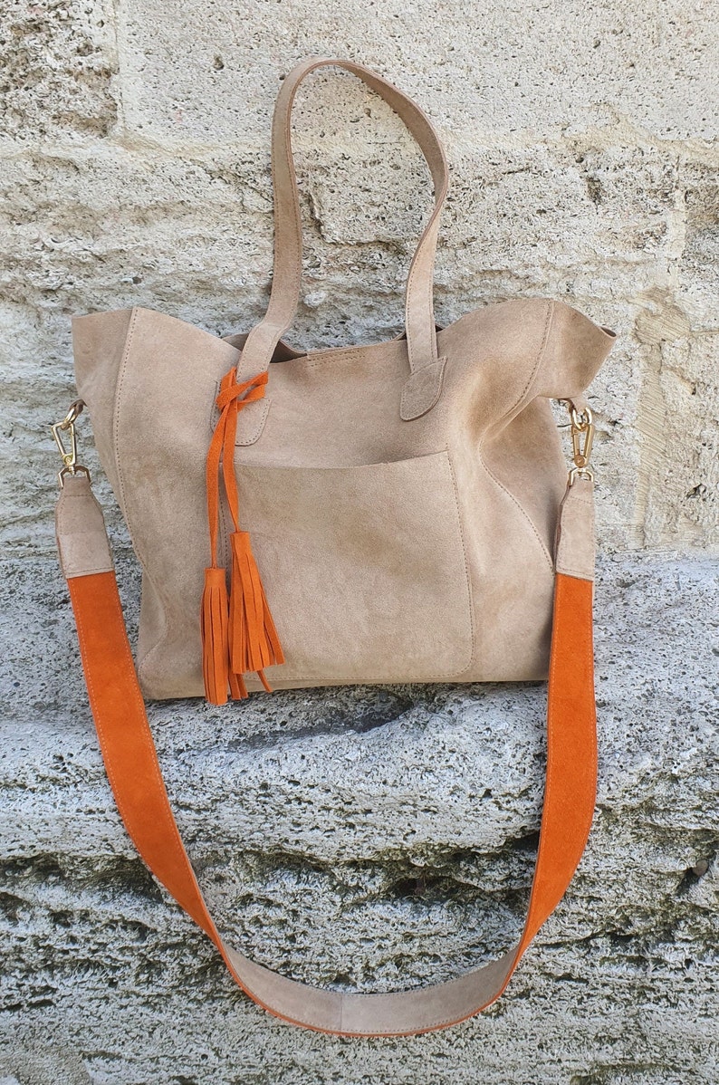 Suede Tote Bag, Beige Suede Purse, Orange Suede Tote Bag, Beige Shoulder Bag, Suede Tassel Shopping Bag, Personalized Gift, Real Suede Tote image 2