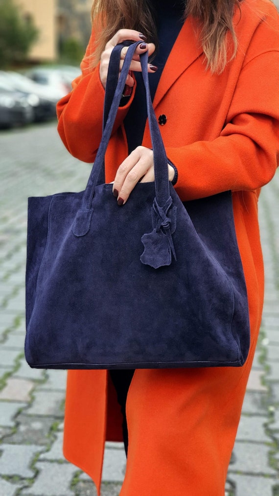 Large Slouchy Bag Genuine Leather Tote Dark Blue Bag Designer 