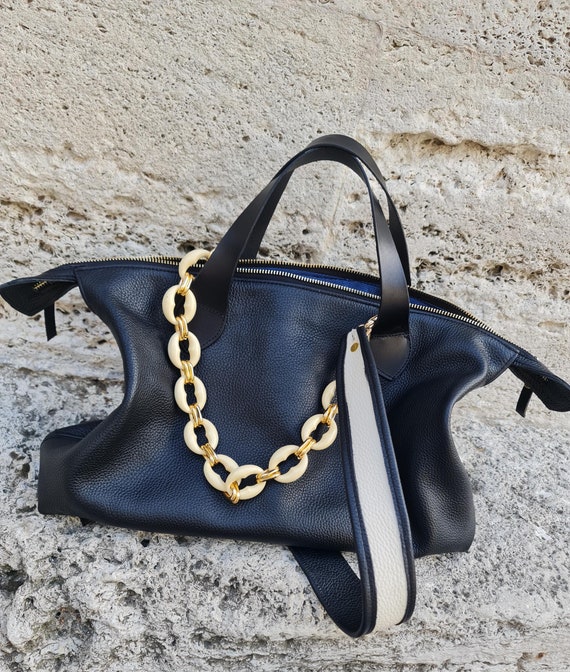 Handmade Black Pebble Leather Tote Bag: Slouchy Shoulder Bag