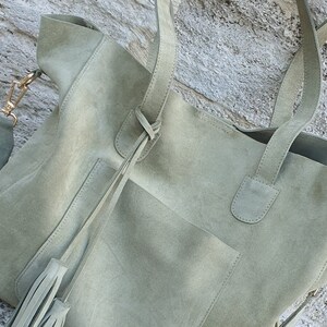 Handmade Green Suede Tote Bag: Leather Shoulder Purse with Tassel image 9