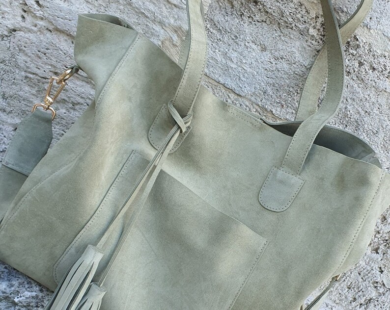 Handmade Green Suede Tote Bag: Leather Shoulder Purse with Tassel image 9