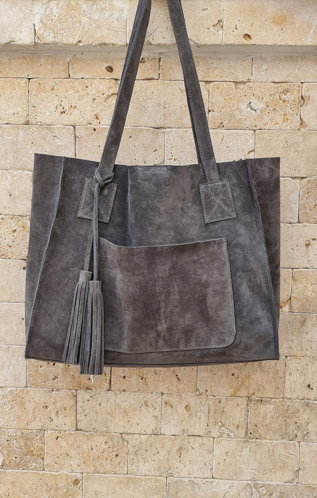 Handmade Suede Leather Tote Bag: Anthracite Tassel Shoulder