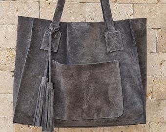 Handmade Suede Leather Tote Bag: Anthracite Tassel Shoulder Bag