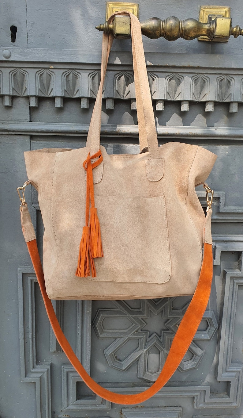 Suede Tote Bag, Beige Suede Purse, Orange Suede Tote Bag, Beige Shoulder Bag, Suede Tassel Shopping Bag, Personalized Gift, Real Suede Tote image 4