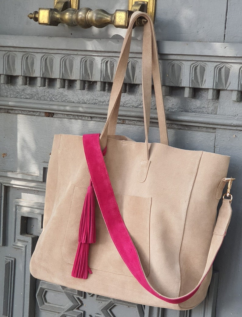 Suede Tote Bag, Beige Suede Shoulder Bag, Fuchsia Suede Bag, Everyday Satchel , Genuine Leather Casual Tote Bag, Tasseled Shopping Bag, image 7