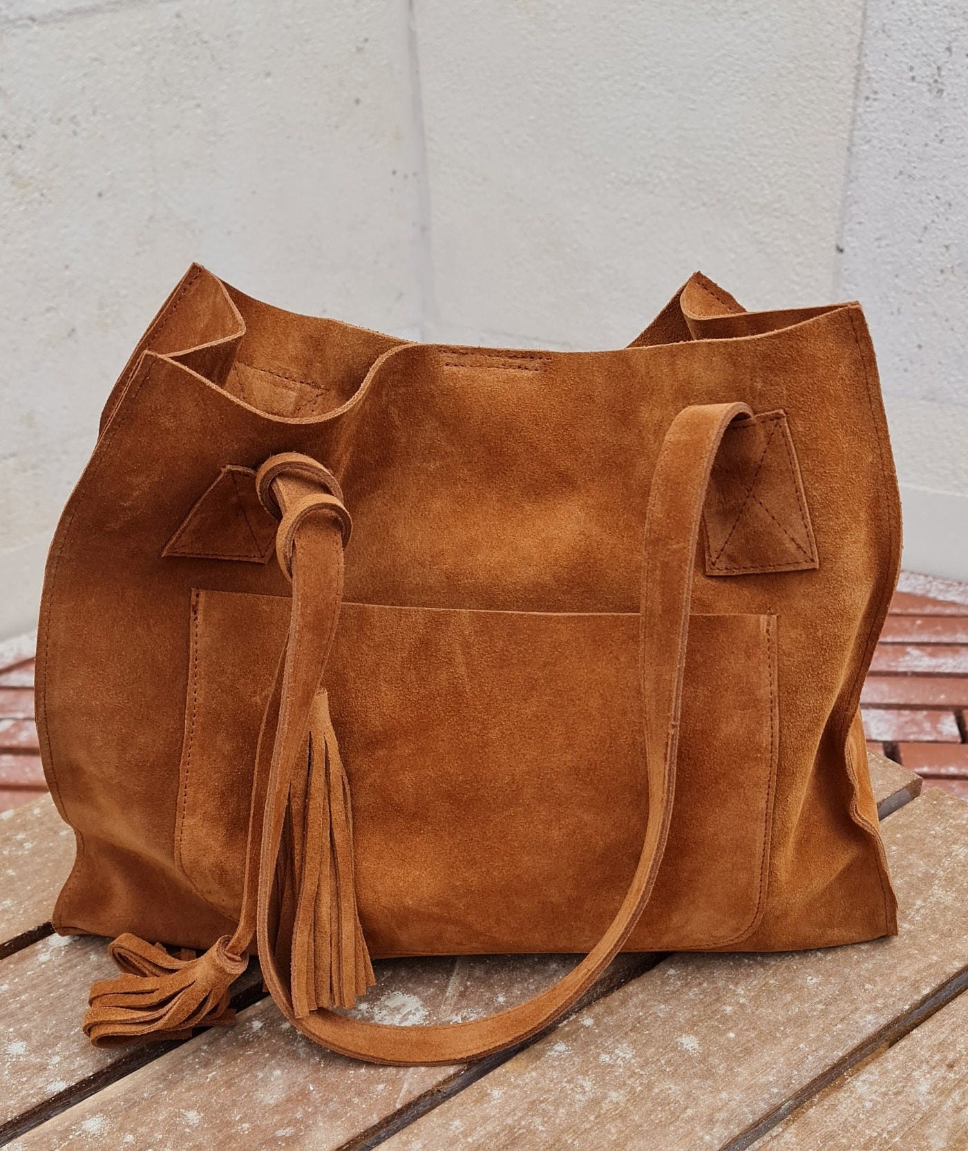 Tan Leather Shopper Bag in Genuine Suede. Slouchy Tan Color - Etsy
