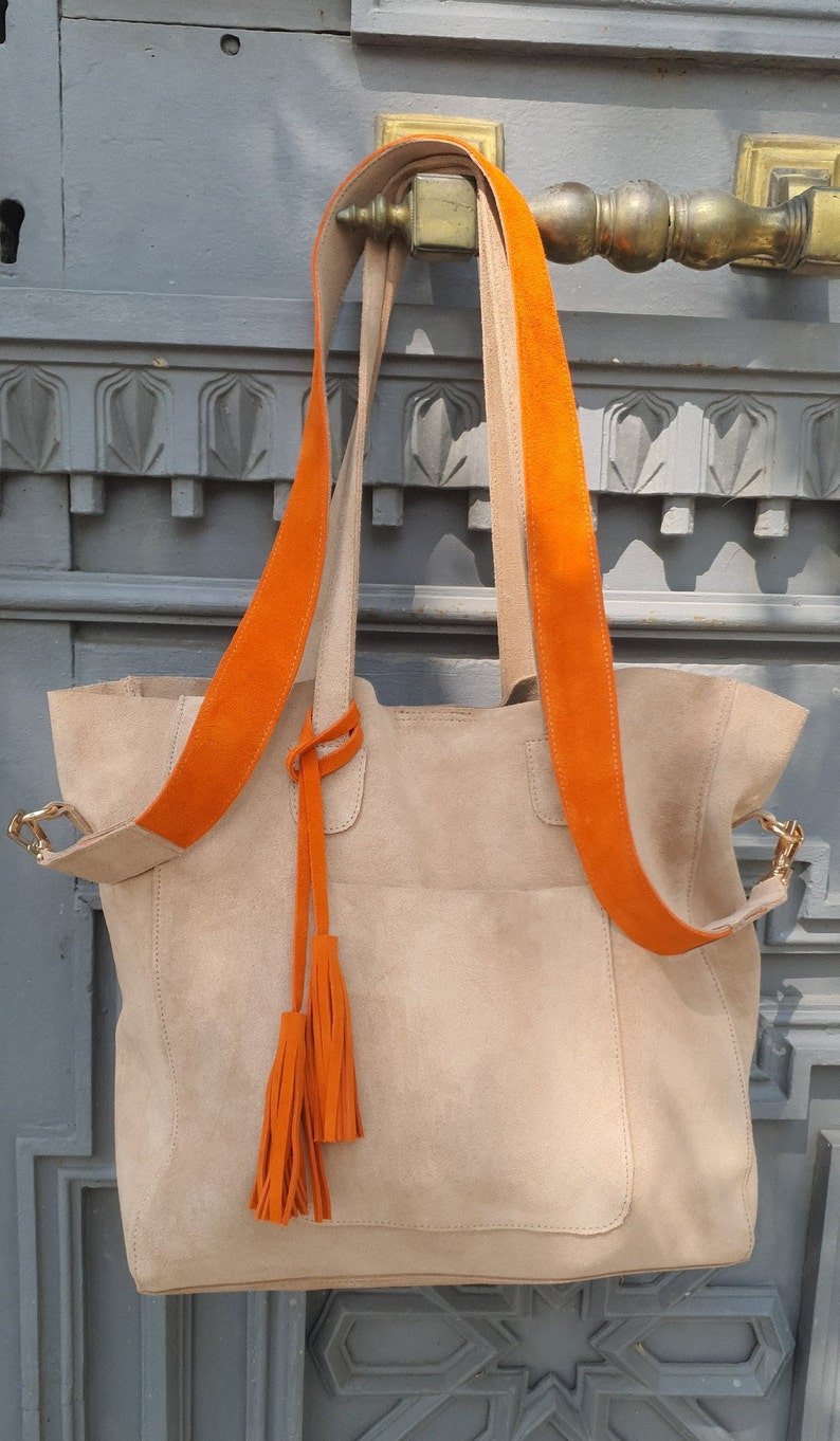 Suede Tote Bag, Beige Suede Purse, Orange Suede Tote Bag, Beige Shoulder Bag, Suede Tassel Shopping Bag, Personalized Gift, Real Suede Tote image 5