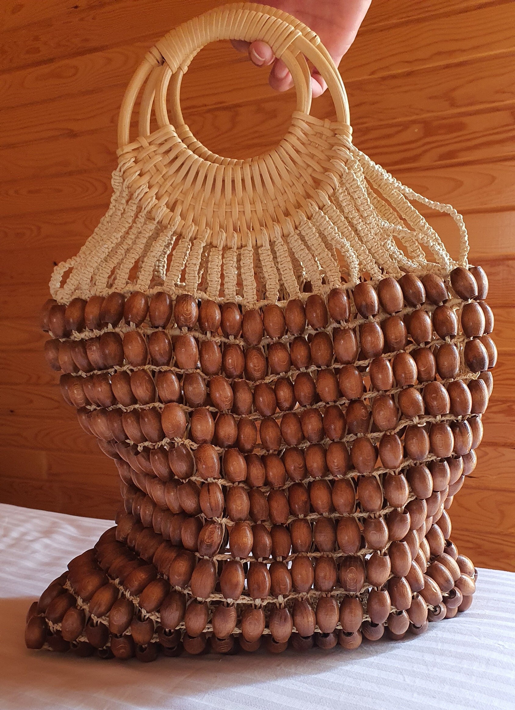 Wooden Bead Bag for Women, Handmade Wood Bead Handbag