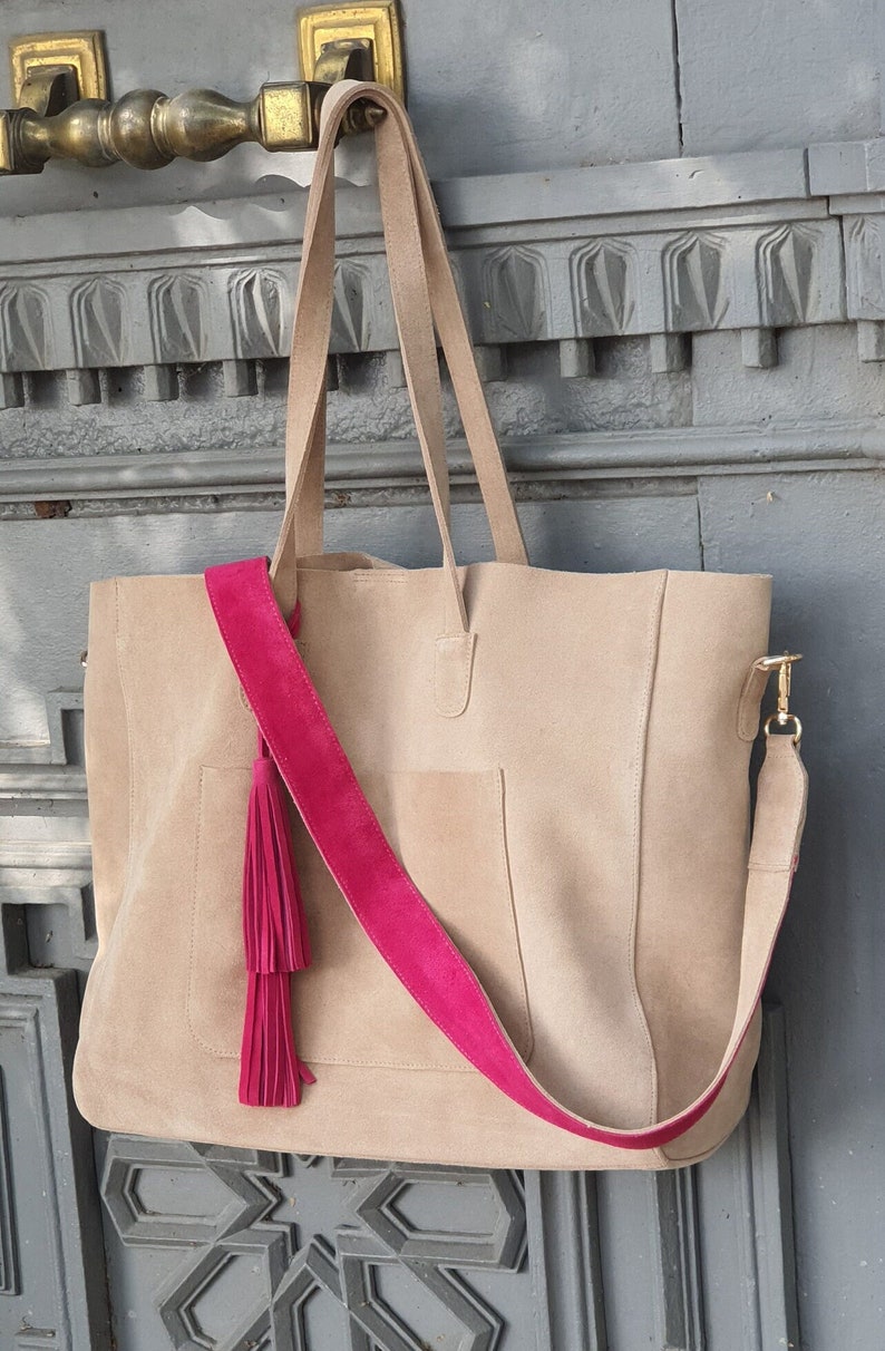 Suede Tote Bag, Beige Suede Shoulder Bag, Fuchsia Suede Bag, Everyday Satchel , Genuine Leather Casual Tote Bag, Tasseled Shopping Bag, image 1