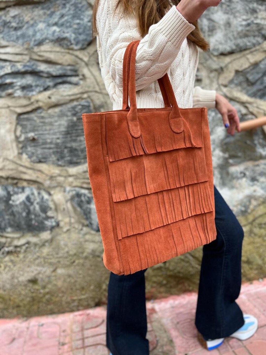 Cognac Suede Tote Bag,for Woman Tassel Suede Bag, Genuine