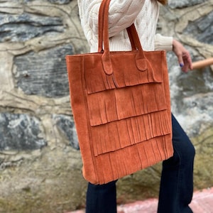 Cognac Suede Tote Bag,For Woman Tassel Suede Bag, Genuine Suede Large Tote Bag Tassel Suede Purse Womens Shoulder Bag, Fringe Suede Bag,
