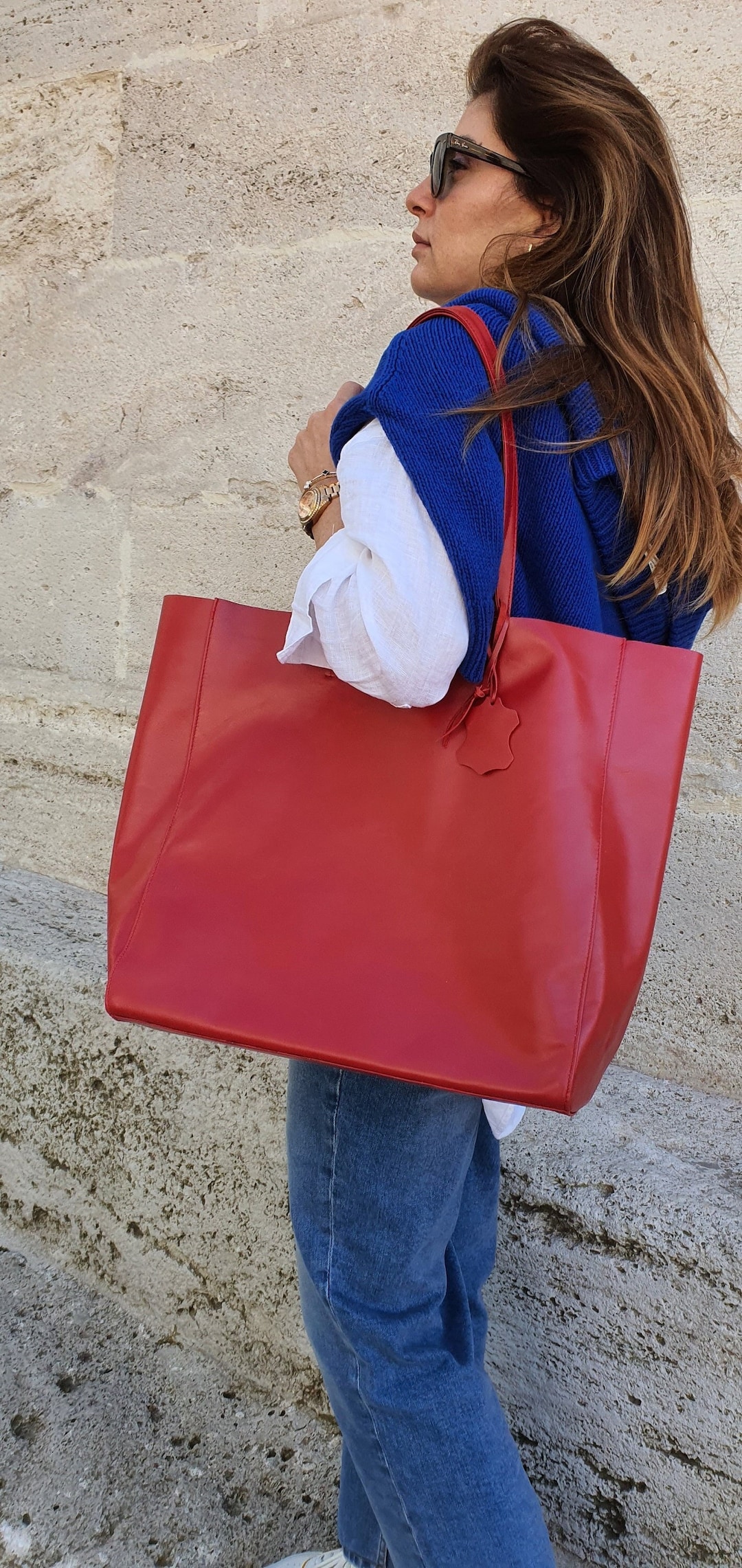 Red Faux Leather Tote Bag Large Capacity For Women Modern Design With Interior Pockets main image 0