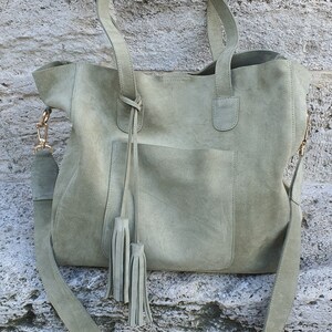 Handmade Green Suede Tote Bag: Leather Shoulder Purse with Tassel image 2