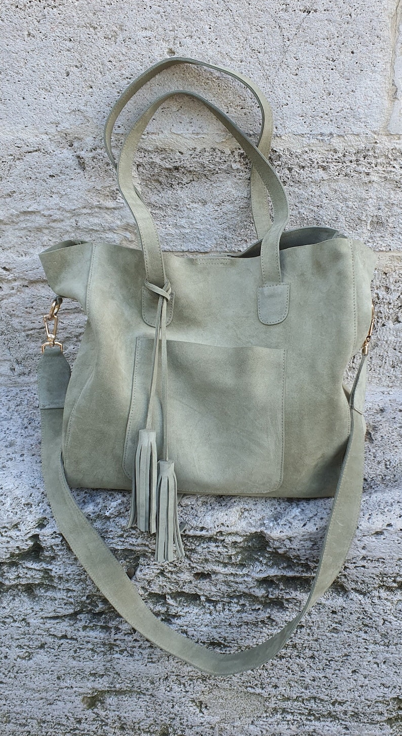 Handmade Green Suede Tote Bag: Leather Shoulder Purse with Tassel image 2