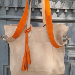 Suede Tote Bag, Beige Suede Purse, Orange Suede Tote Bag, Beige Shoulder Bag, Suede Tassel Shopping Bag, Personalized Gift, Real Suede Tote image 10