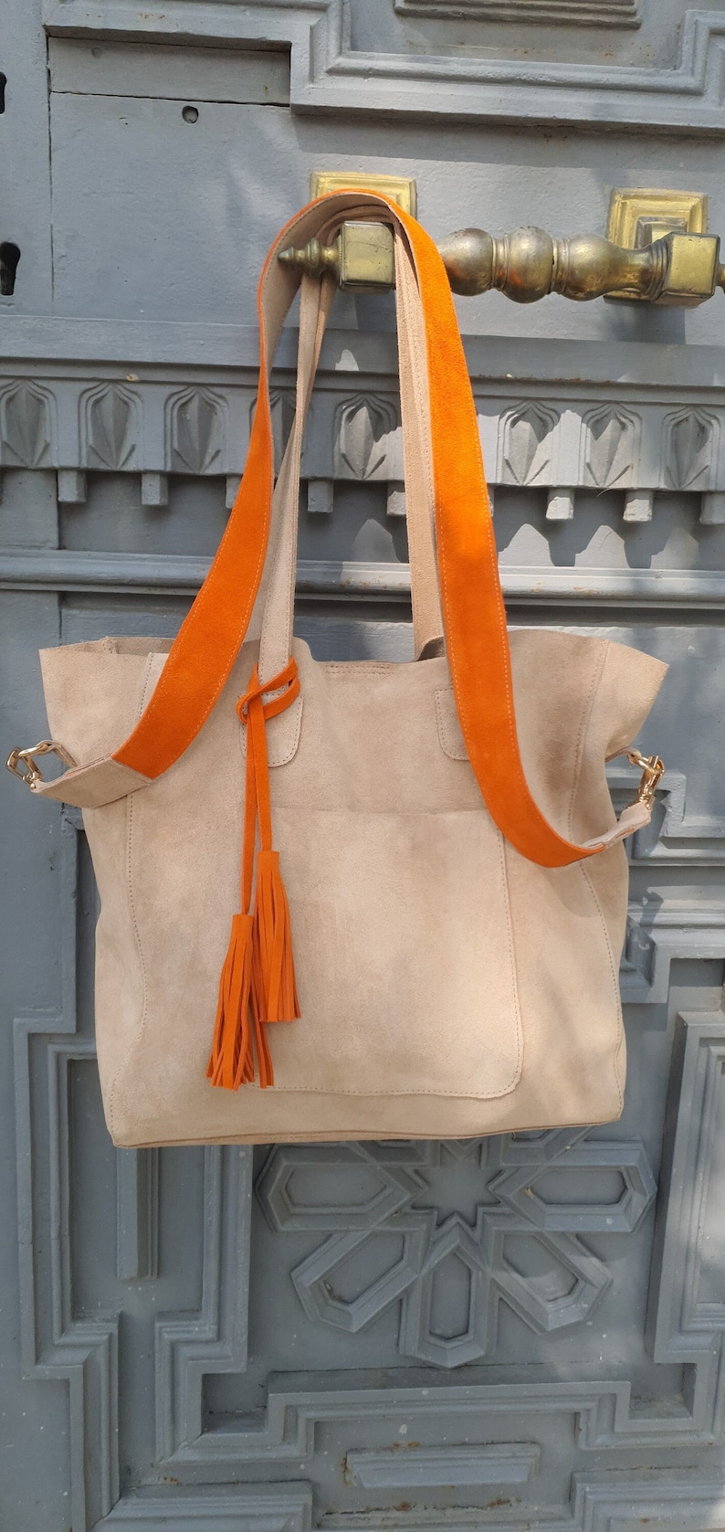 Suede Tote Bag, Beige Suede Purse, Orange Suede Tote Bag, Beige Shoulder Bag, Suede Tassel Shopping Bag, Personalized Gift, Real Suede Tote image 10