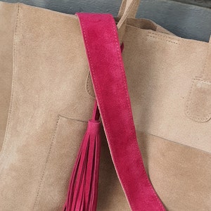 Suede Tote Bag, Beige Suede Shoulder Bag, Fuchsia Suede Bag, Everyday Satchel , Genuine Leather Casual Tote Bag, Tasseled Shopping Bag, image 9