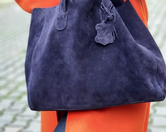 Navy Blue Suede Leather Tote Bag for Women Slouchy Tote 