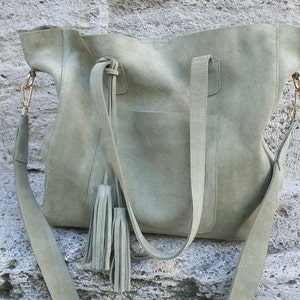 Handmade Green Suede Tote Bag: Leather Shoulder Purse with Tassel image 7