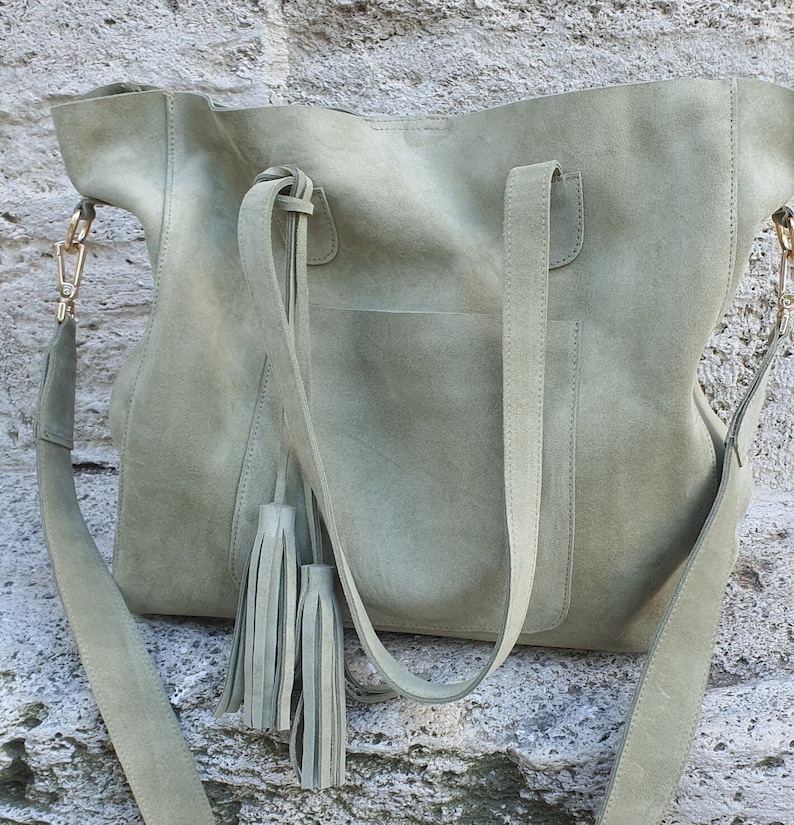 Handmade Green Suede Tote Bag: Leather Shoulder Purse with Tassel image 7