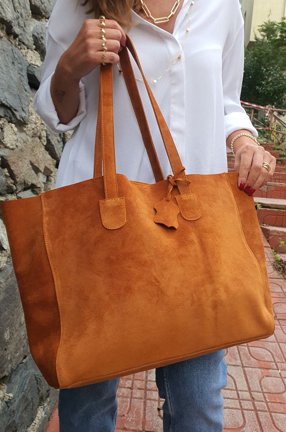 Tan Suede Leather Tote Bag for Women, Slouchy Tote, Every Day Bag, Shopper Bag