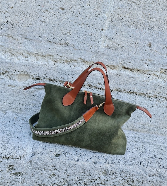 ハンドバッグ SUEDE HAND TOTE BAG Khaki Suede Tote Bag, Shopper Bag Gift for Women, Shoulder
