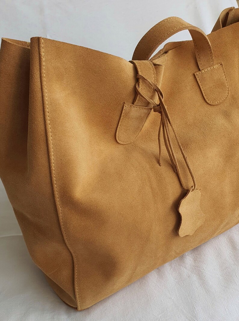 Suede Leather Tote Bag for Women, Camel Brown Suede Bag, Shopper Bag
