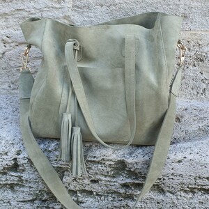 Handmade Green Suede Tote Bag: Leather Shoulder Purse with Tassel image 3