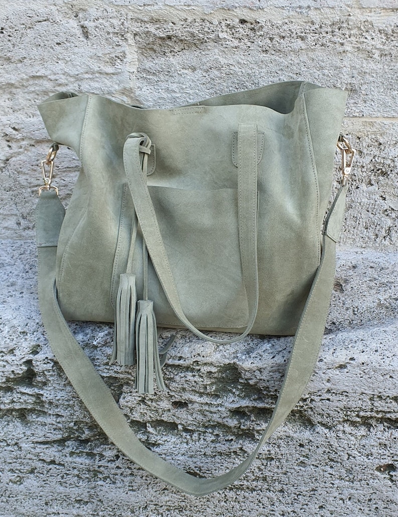 Handmade Green Suede Tote Bag: Leather Shoulder Purse with Tassel image 3