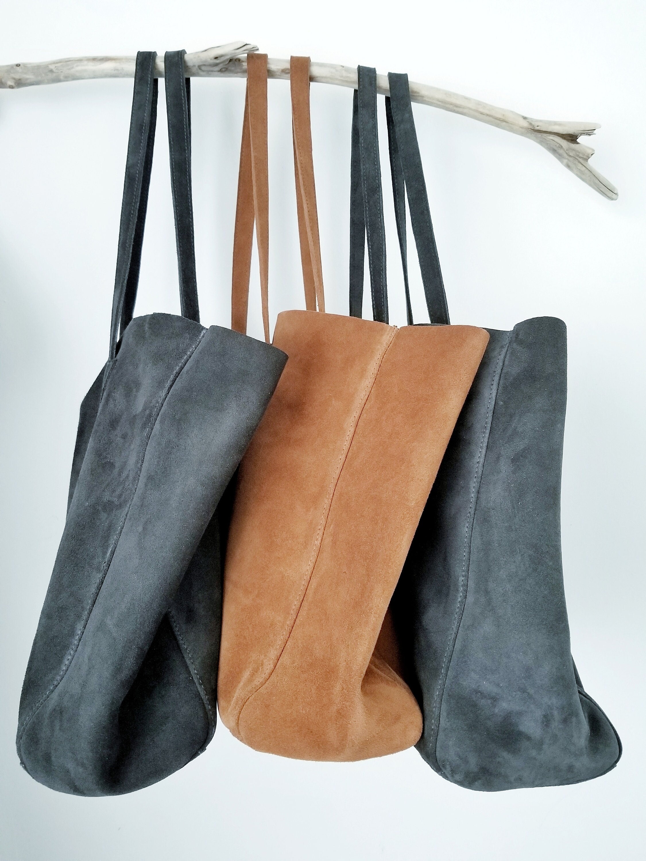 Large TOTE leather bag in light GRAY. Soft natural suede bag